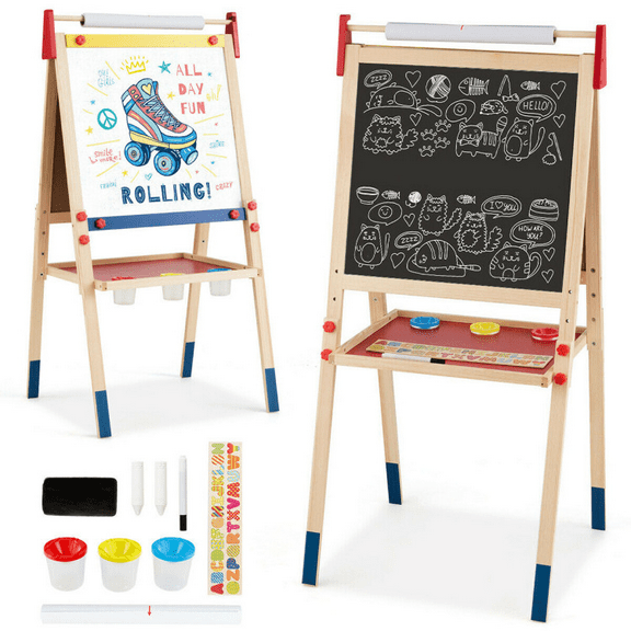 Barara King All-in-One Wooden Kid's Art Easel with Magnetic Stickers and Paper, Drawing Easel with Height Adjustable, Kids Art Easel for Study Room, Living Room, Home Office, Multicolor