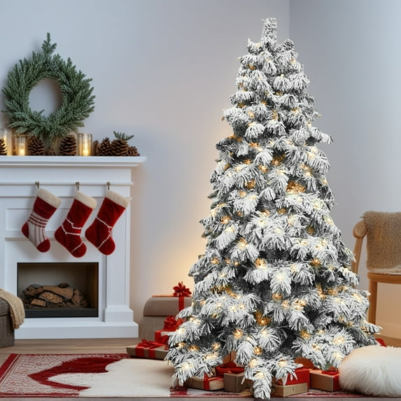 Barara King Artificial Christmas Tree, Xmas Trees,Artificial 7Ft Flock Led-Lit Christmas Tree with 890Pe/Pvc Mixed Branch Tips