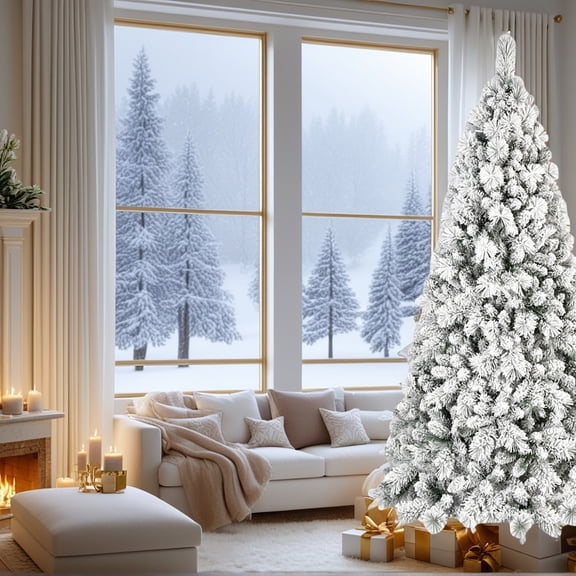 Barara King Artificial Christmas Tree, Xmas Trees,Artificial 8Ft Flock Led-Lit Christmas Tree with 1445Pvc/Hard Needle Mixed Branch Tips