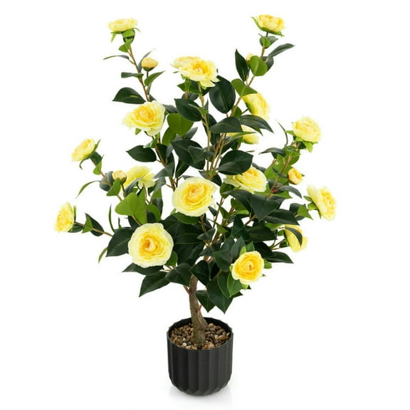Barara King Artificial Plant, Tall Fake Plant, Indoor Home Dcor, 38 Inch Artificial Camellia Tree Faux Flower Plant in Cement Pot 2 Pack-Yellow