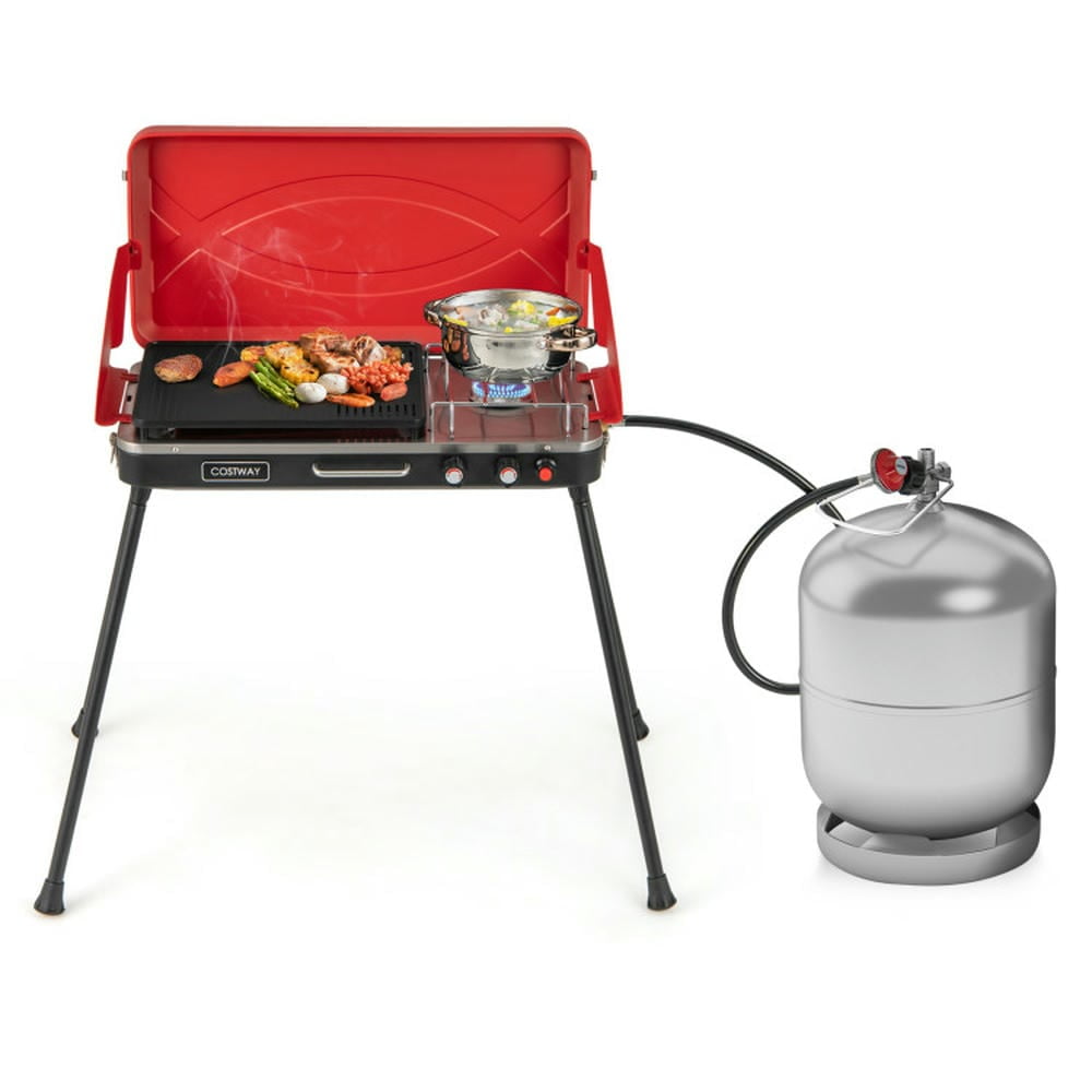 Barara King BBQ Grill, Outdoor Camping Grill,2-in-1 Gas Camping Grill and Stove with 4 Detachable Legs-Red