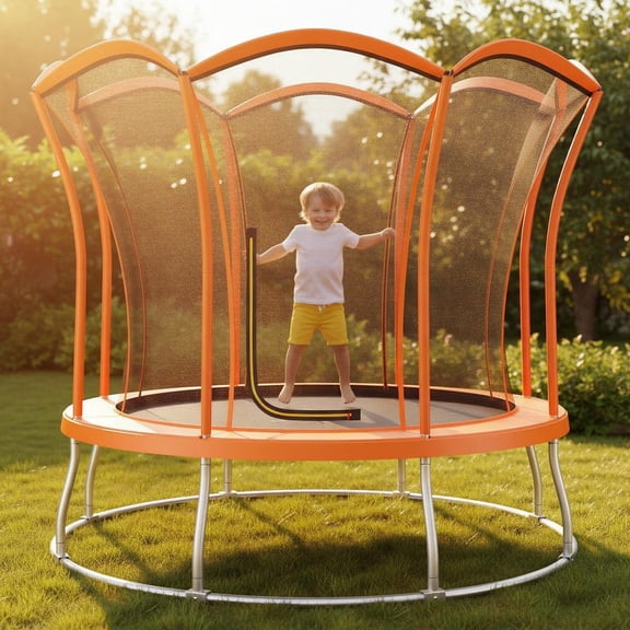 Barara King Backyard Trampoline, Trampoline,8 Feet Outdoor Unique Flower Shape Trampoline with Enclosure Net-Orange