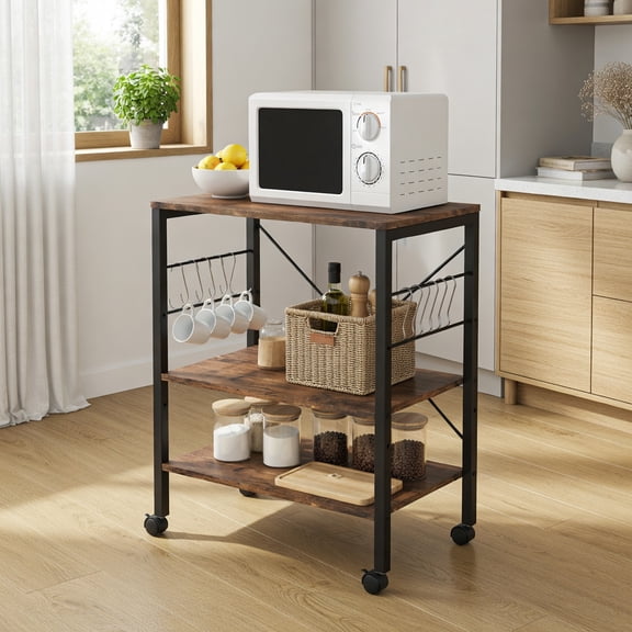 Barara King 3-Tier Rustic Brown Kitchen Baker's Rack with Hooks, Kitchen Storage Shelf Rack, Microwave Stand, Rolling Casters for Kitchen, Dining Room, Coffee Bar, Rustic Brown