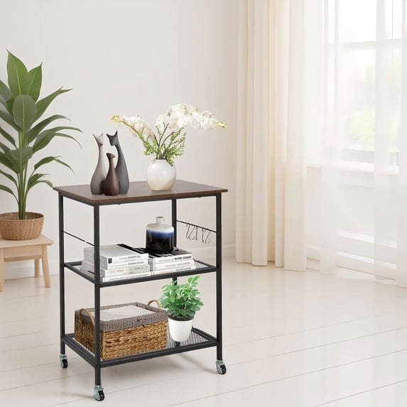 Barara King Baker's Rack, Microwave Stand,Bun Pan Sheet Rack, Kitchen Storage Shelf Rack,3-Tier Kitchen Serving Cart Utility Standing Microwave Rack with Hooks Brown