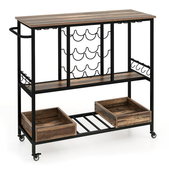 Barara King Baker's Rack, Microwave Stand,Bun Pan Sheet Rack, Kitchen Storage Shelf Rack,3 Tiers Bar Cart on Wheels with Glass Racks-Brown