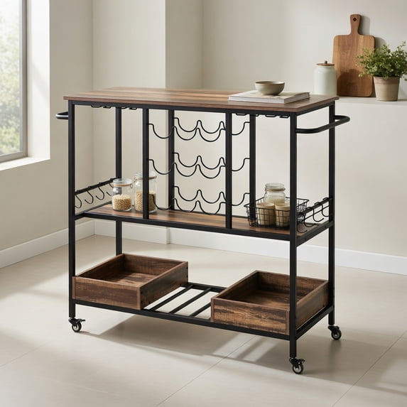 Barara King Baker's Rack, Microwave Stand,Bun Pan Sheet Rack, Kitchen Storage Shelf Rack,3 Tiers Bar Cart on Wheels with Glass Racks-Brown