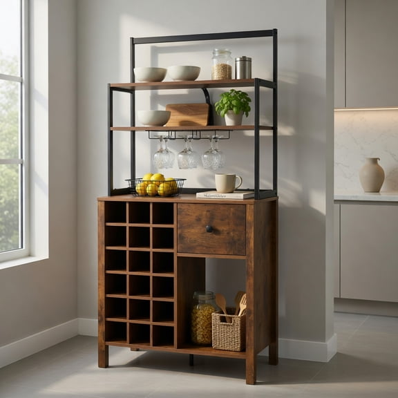 Barara King Kitchen Bakers Rack, Kitchen Microwave Stand, Kitchen Bakers Rack Freestanding Wine Rack Table with Glass Holder and Drawer-Rustic Brown