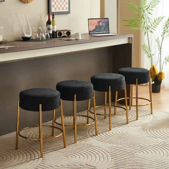 Barara King Bar Stools, Counter Bar Stools,24" Tall, Round Bar Stools, Set of 2 - Contemporary Upholstered Dining Stools with Gold Legs,Black
