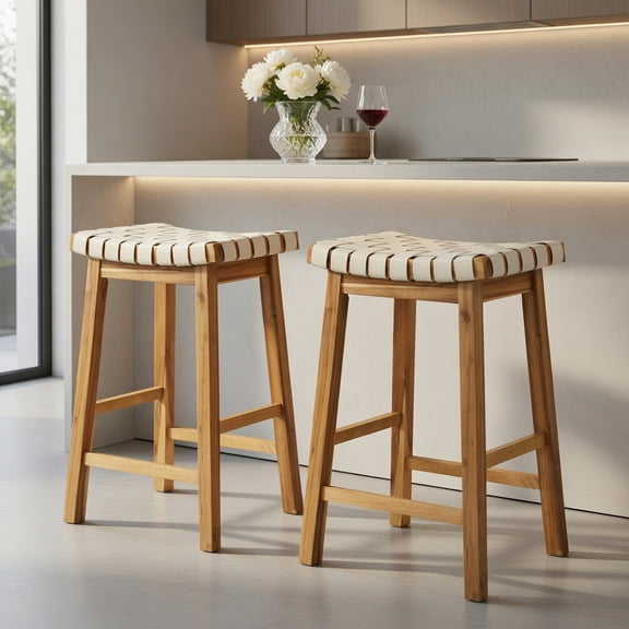 Barara King Bar Stools, Counter Bar Stools,Faux PU Leather Bar Stools Set of 2 with Woven Curved Seat Natural-25.5 inches