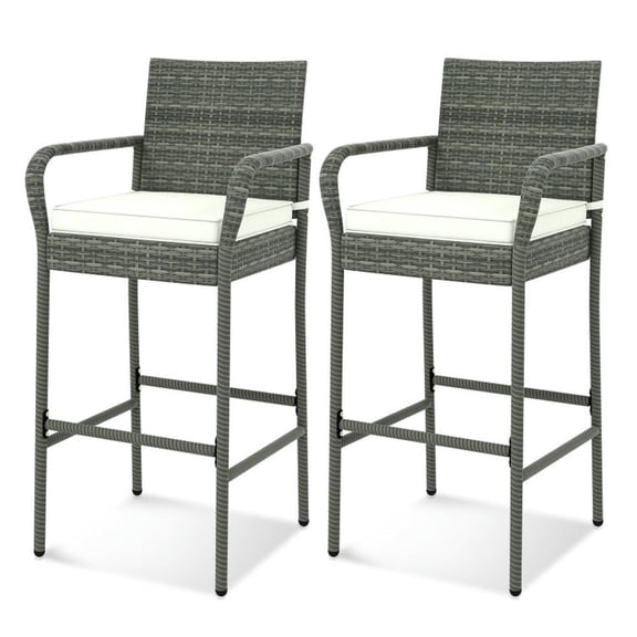 Barara King Bar Stools, Counter Bar Stools,Patio Wicker Barstools with Armrests and Soft Cushions for Porch Backyard Set of 2