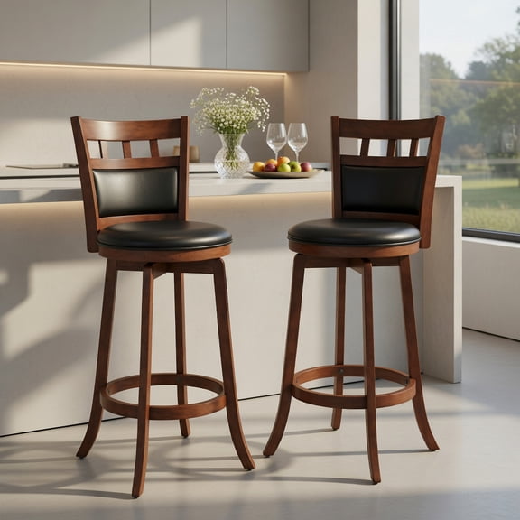 Barara King Bar Stools, Counter Bar Stools,Wood Swivel Bar Stools Set of 2 with Faux Leather Upholstered Seat and Back-Brown