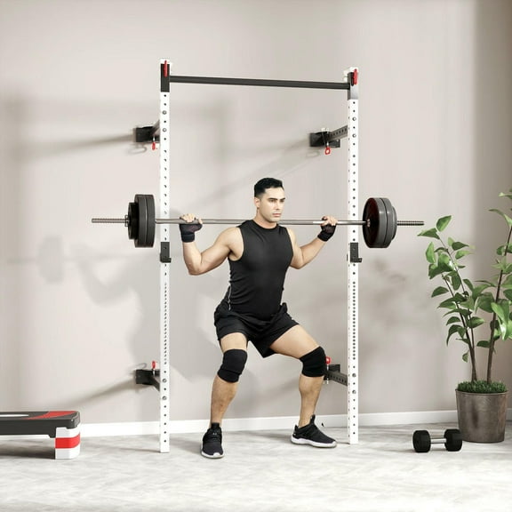 Barara King Adjustable Multi-Functional Racks with Pull Up Bar, Wall Mounted and Adjustable, Barbell Racks with 1000 Pounds Capacity, White