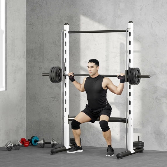 Barara King Barbell Rack with Pull Up Bar and Barbell Bar, Squat Rack Barbell Bench Press for Home Gym, White