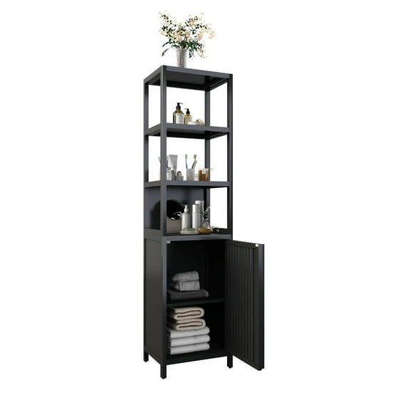 Barara King Bathroom Cabinet, Bathroom Storage Cabinet Organizer, Black Storage Cabinet with Shutter Door and 3 Tier Shelves, Bathroom Cabinet for Living Room, Bathroom