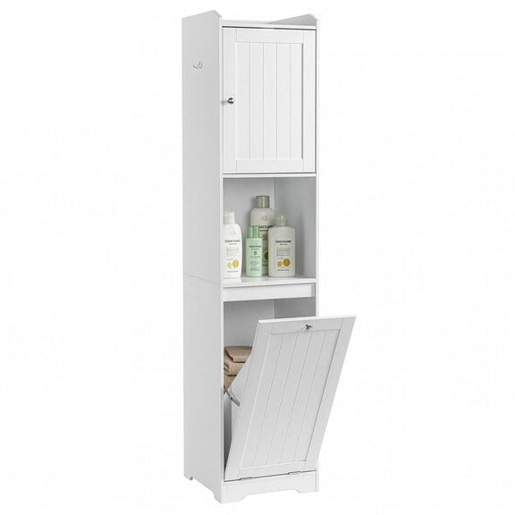 Barara King Bathroom Tall Cabinet with White Melamine-Faced Particleboard, 40x40x180cm Door and Flip-Down Drawer with Storage Bag, White