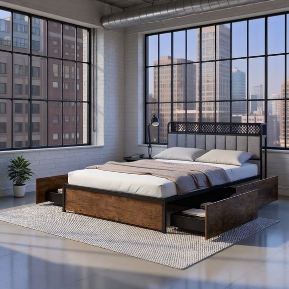 Barara King Bed Frames, Platform Bed Frame, Twin/Full/Queen Bed Frame with LED Lights Upholstered Headboard and 4 Storage Drawers-Queen Size