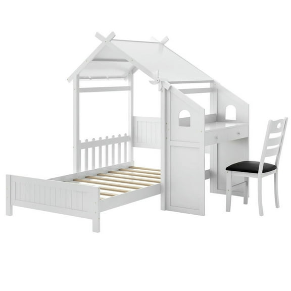 Barara King Bed Frames, Platform Bed Frame, Twin House Bed with with 2 Drawers and Windmill-White