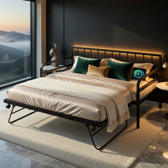 Barara King Bedroom Bed Frame, Bed Platform Frame,Adjustable Metal Twin Size Daybed with Charging Station and LED Light-Black
