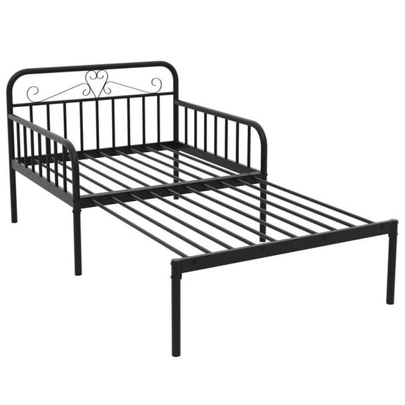 Barara King Bedroom Bed Frame, Bed Platform Frame,Extendable Metal Daybed to Twin Size Bed with Guardrails and Armrests-Black
