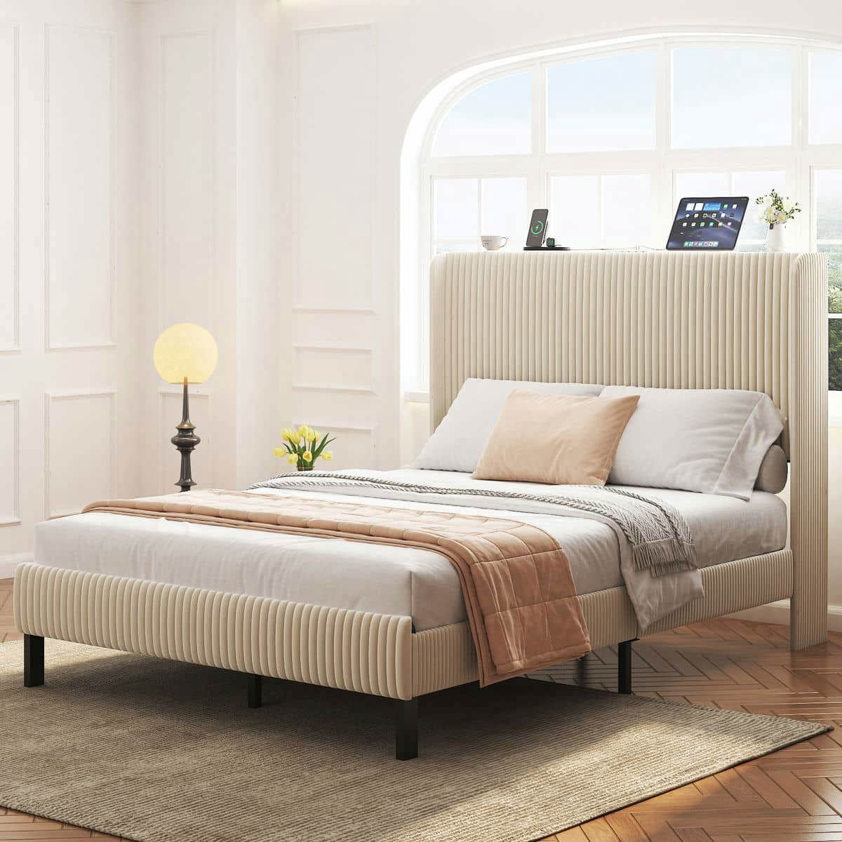 Barara King Bedroom Bed Frame, Bed Platform Frame,Full Size Platform Bed, Metal Bed Frame with Charging Station, No Box Spring Needed, Beige