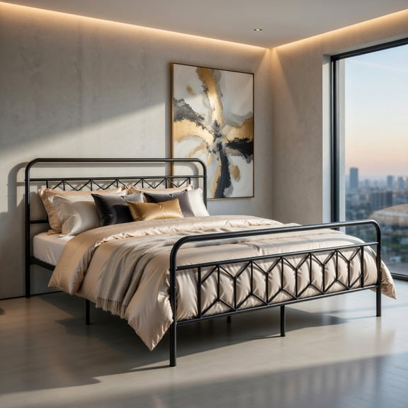 Barara King Bedroom Bed Frame, Bed Platform Frame,Platform Bed with High Headboard and Snap Lock Metal Slats-King Size