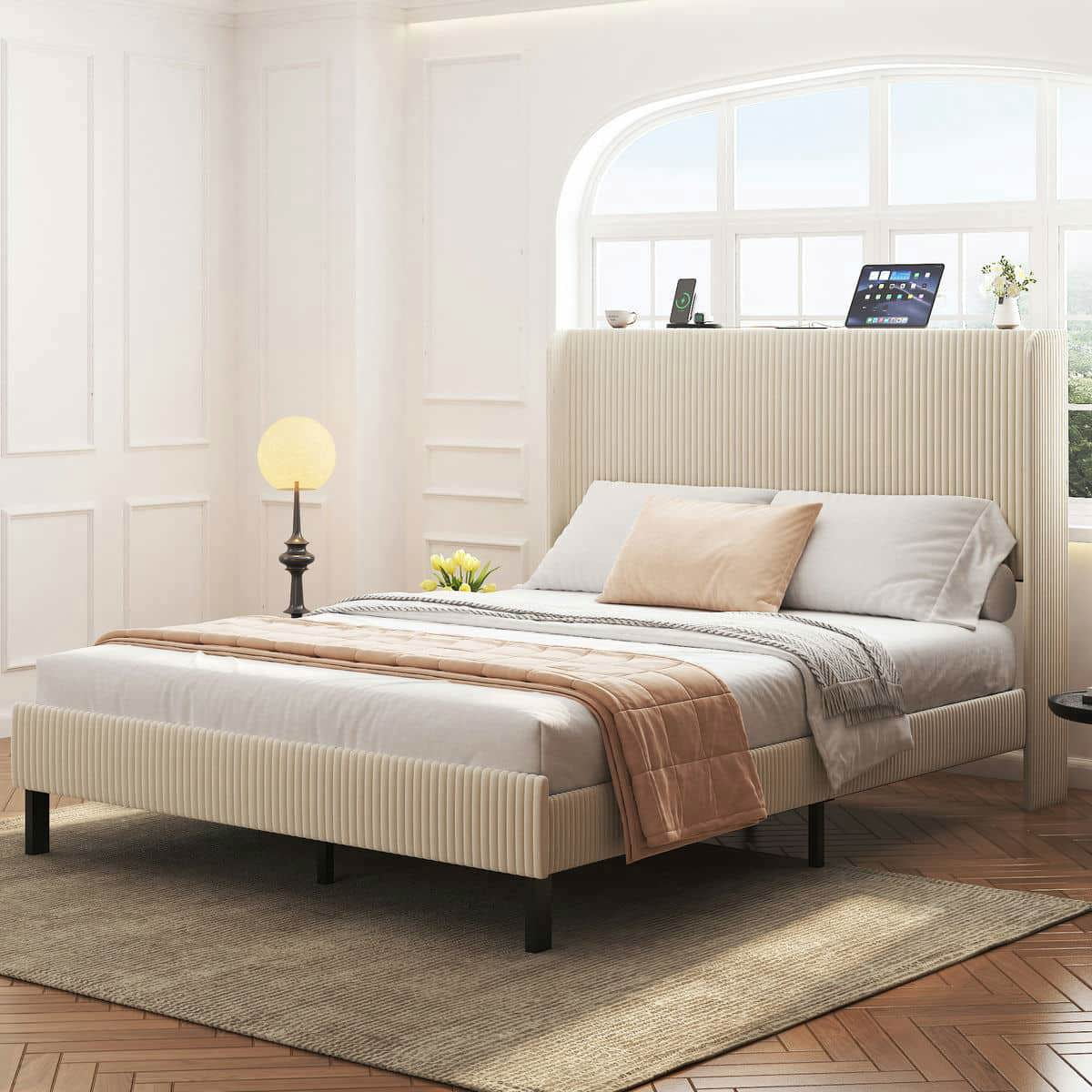 Barara King Bedroom Bed Frame, Bed Platform Frame,Queen Size Platform Bed, Metal Bed Frame with Charging Station, No Box Spring Needed, Beige