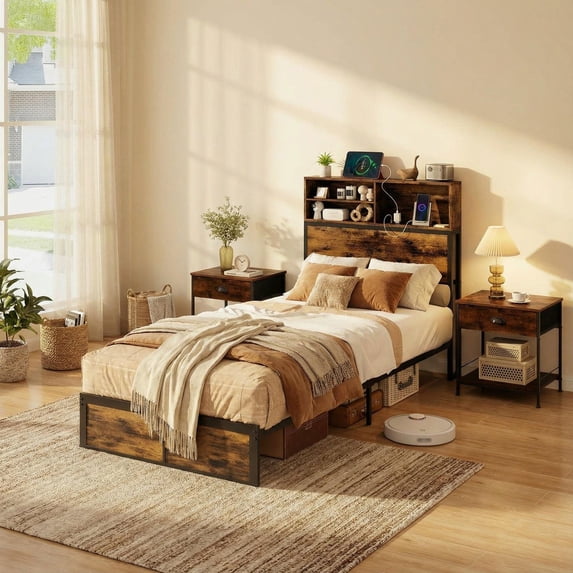 Barara King Bedroom Bed Frame, Bed Platform Frame,Twin/Full/Queen/King Size Bed Frame with Storage Headboard Industrial Metal Platform Bed-Twin Size