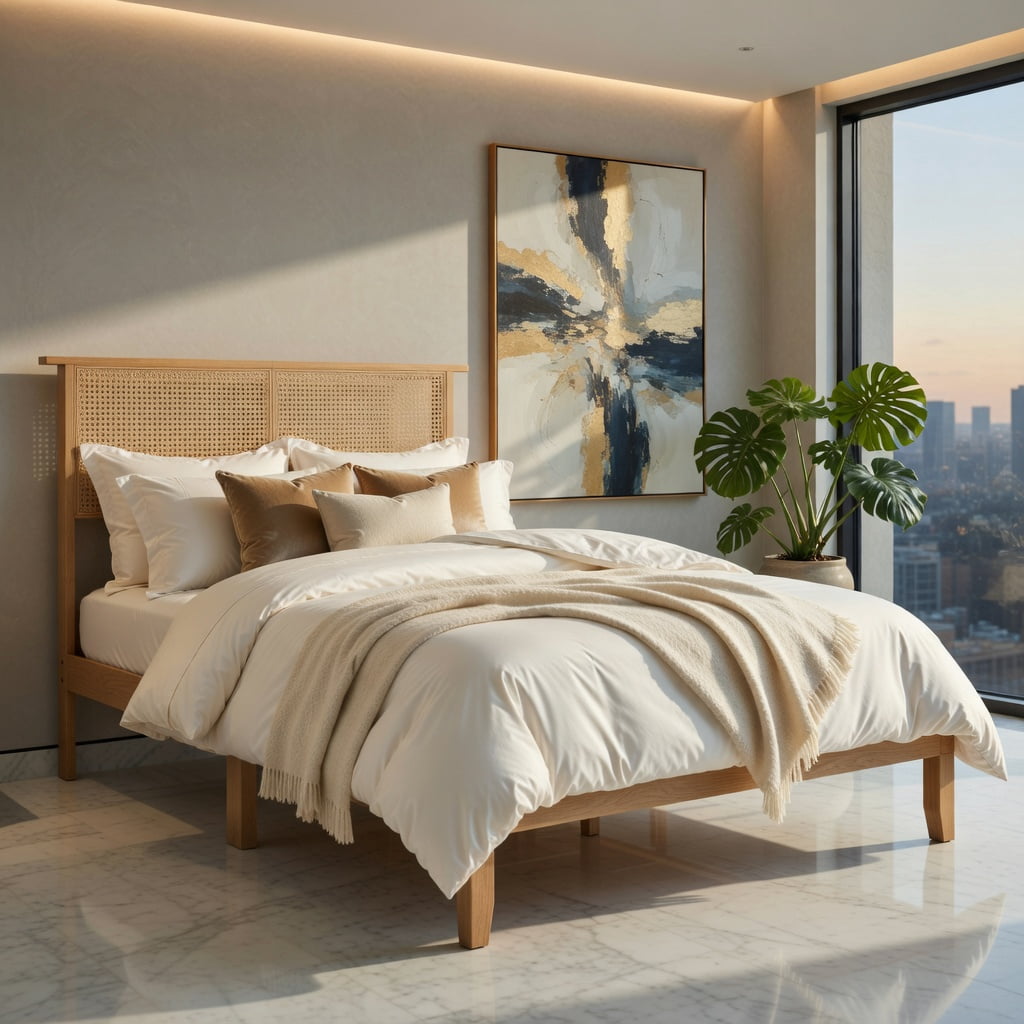 Barara King Bedroom Bed Frame, Bed Platform Frame,Twin/Full/Queen Size Bed Frame with Rattan Headboard-Twin Size