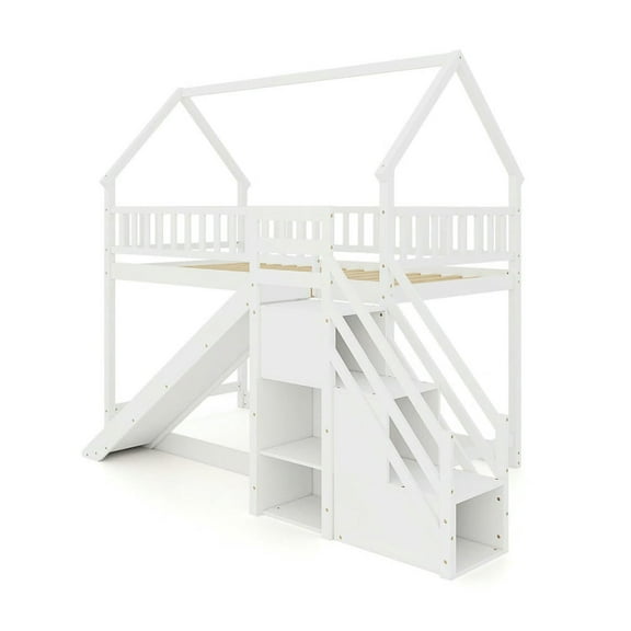 Barara King Bedroom Bed Frame, Bed Platform Frame,Twin Over Twin Bunk Bed with Slide and Staircase-White