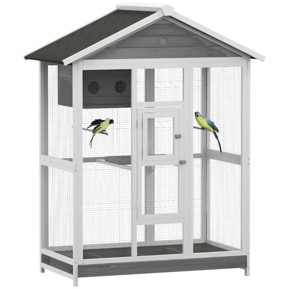 Barara King Bird Cage, Bird Habitat Small Animal Travel Cage,64.5" Wooden Bird Cage Aviary, Flight Cage with 4 Perches, Nest and Slide-Out Tray, Gray