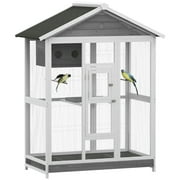 Barara King Bird Cage, Bird Habitat Small Animal Travel Cage,64.5" Wooden Bird Cage Aviary, Flight Cage with 4 Perches, Nest and Slide-Out Tray, Gray