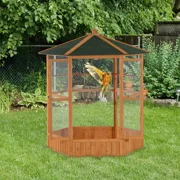 Barara King Bird Cage, Bird Habitat Small Animal Travel Cage,69" Wooden Hexagonal Outdoor Aviary Flight Bird Cage With Covered Roof, Brown