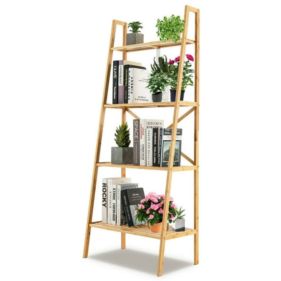 Barara King Bookcase, Storage Display Open Bookshelf,58 Inch 4-Tier Bamboo Ladder Bookshelf-Natural
