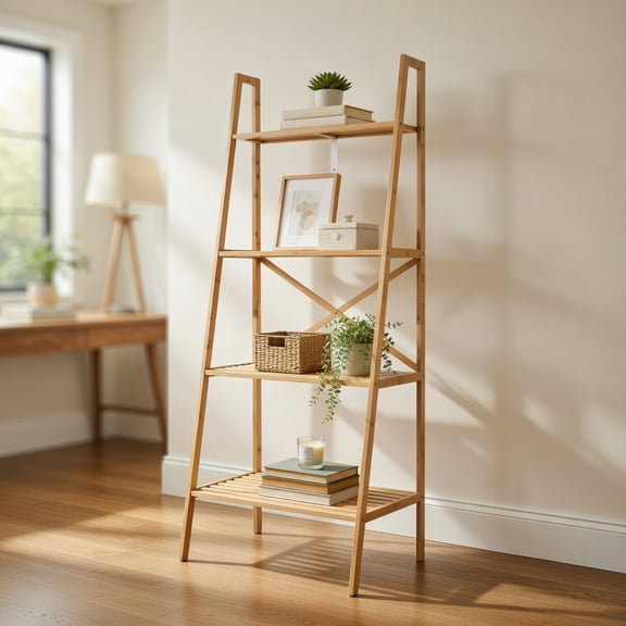 Barara King Bookcase, Storage Display Open Bookshelf,58 Inch 4-Tier Bamboo Ladder Bookshelf-Natural