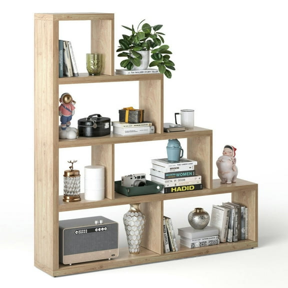 Barara King Bookcase, Storage Display Open Bookshelf,6 Cubes Ladder Shelf Corner Bookshelf Storage Bookcase-Natural