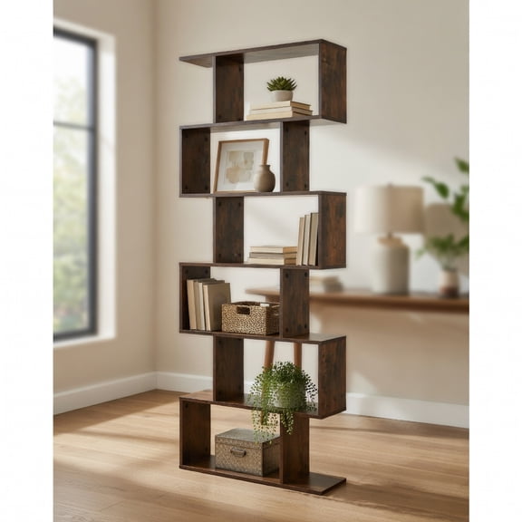 Barara King Bookcase, Storage Display Open Bookshelf,6 Tier S-Shaped Bookshelf Storage Display Bookcase Decor Z-Shelf -Coffee