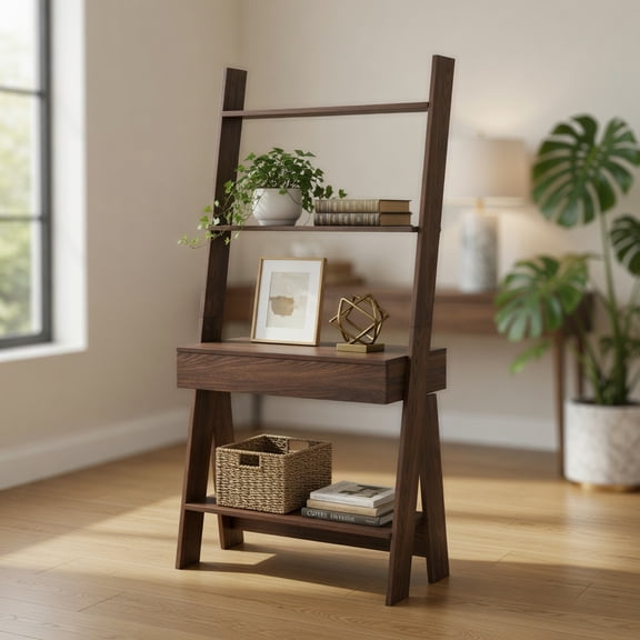 Barara King Bookcase, Storage Display Open Bookshelf,Ladder Shelf Desk Bookcase with Countertop Drawer and 2 Shelves-Walnut