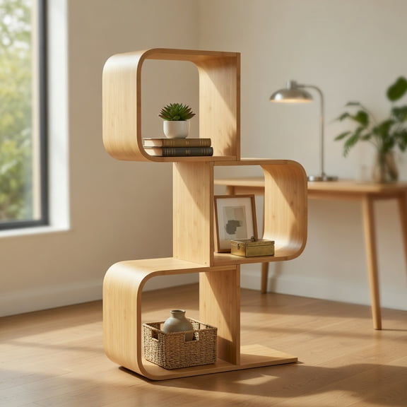 Barara King Bookshelf, Bookcase, Display Standing Shelf3-Tier S-Shaped Bookcase with 3 Open Cubes for Living Room-Natural