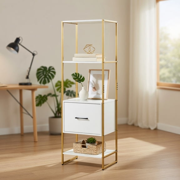 Barara King Bookshelf, Bookcase, Display Standing Shelf5-Tier Narrow Bookcase with 4 Open Shelves and Storage Drawer-White