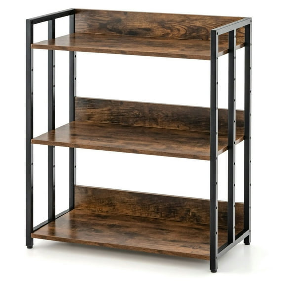 Resenkos Bookshelf,Shelf, Open Bookcase Book Shelf,Storage Shelf Unit Plant Stand,3-Tier Corner Bookcase with Adjustable Shelves and Metal Frame-Rustic Brown