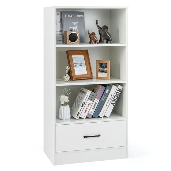 Resenkos Bookshelf,Shelf, Open Bookcase Book Shelf,Storage Shelf Unit Plant Stand,48 Inch Tall 4 Tiers Wood Bookcase with Drawer-White