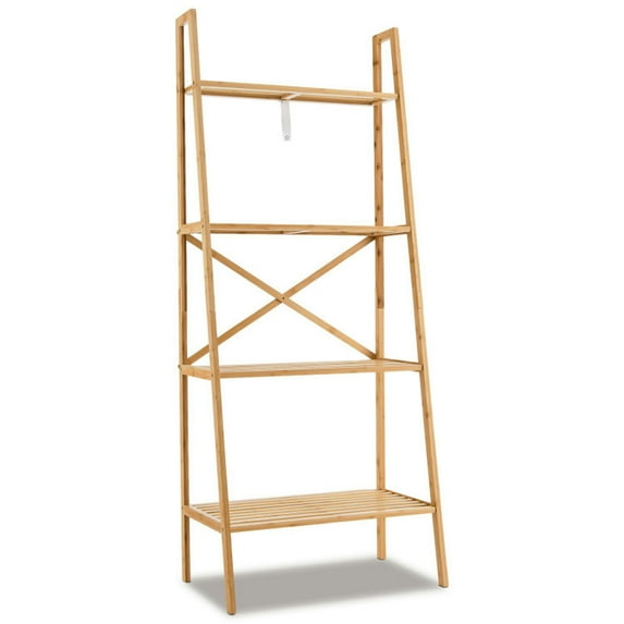 Resenkos Bookshelf,Shelf, Open Bookcase Book Shelf,Storage Shelf Unit Plant Stand,58 Inch 4-Tier Bamboo Ladder Bookshelf-Natural