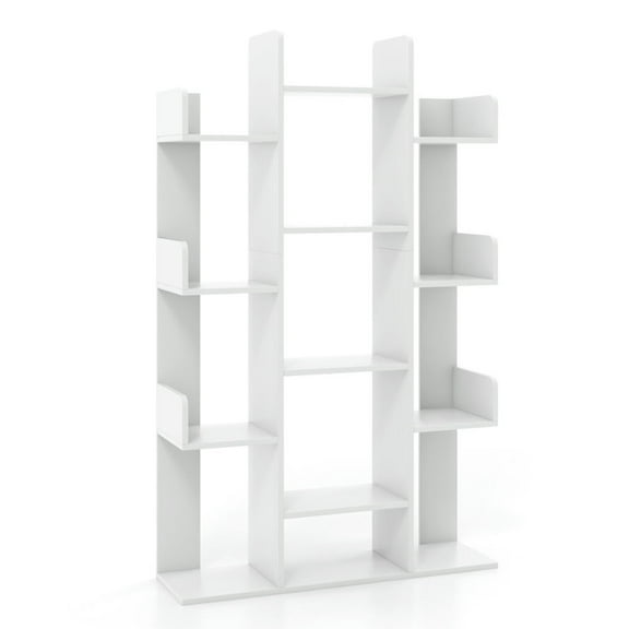 Resenkos Bookshelf,Shelf, Open Bookcase Book Shelf,Storage Shelf Unit Plant Stand,Tree-Shaped Bookshelf with 13 Compartments-White