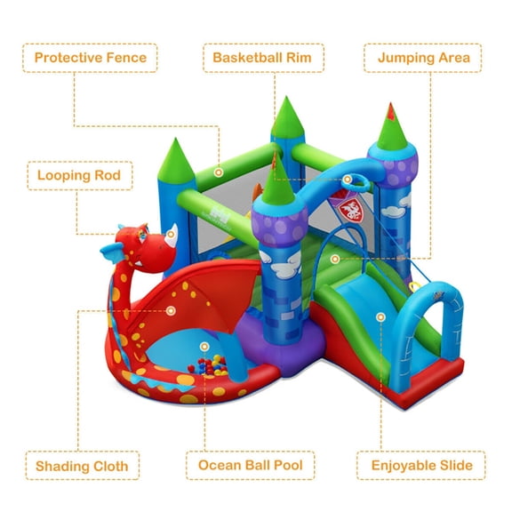 Barara King Bounce House, Castle Theme Kids Inflatable Trampoline, Kids Inflatable Bounce House Dragon Jumping Slide Bouncer Castle with 740W Blower