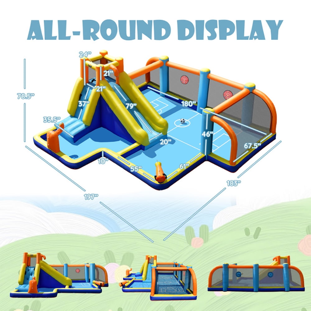 Barara King Indoor/Ouutdoor Inflatable Bounce Castle with Soccer \u0026 Water Slide, Multicolor