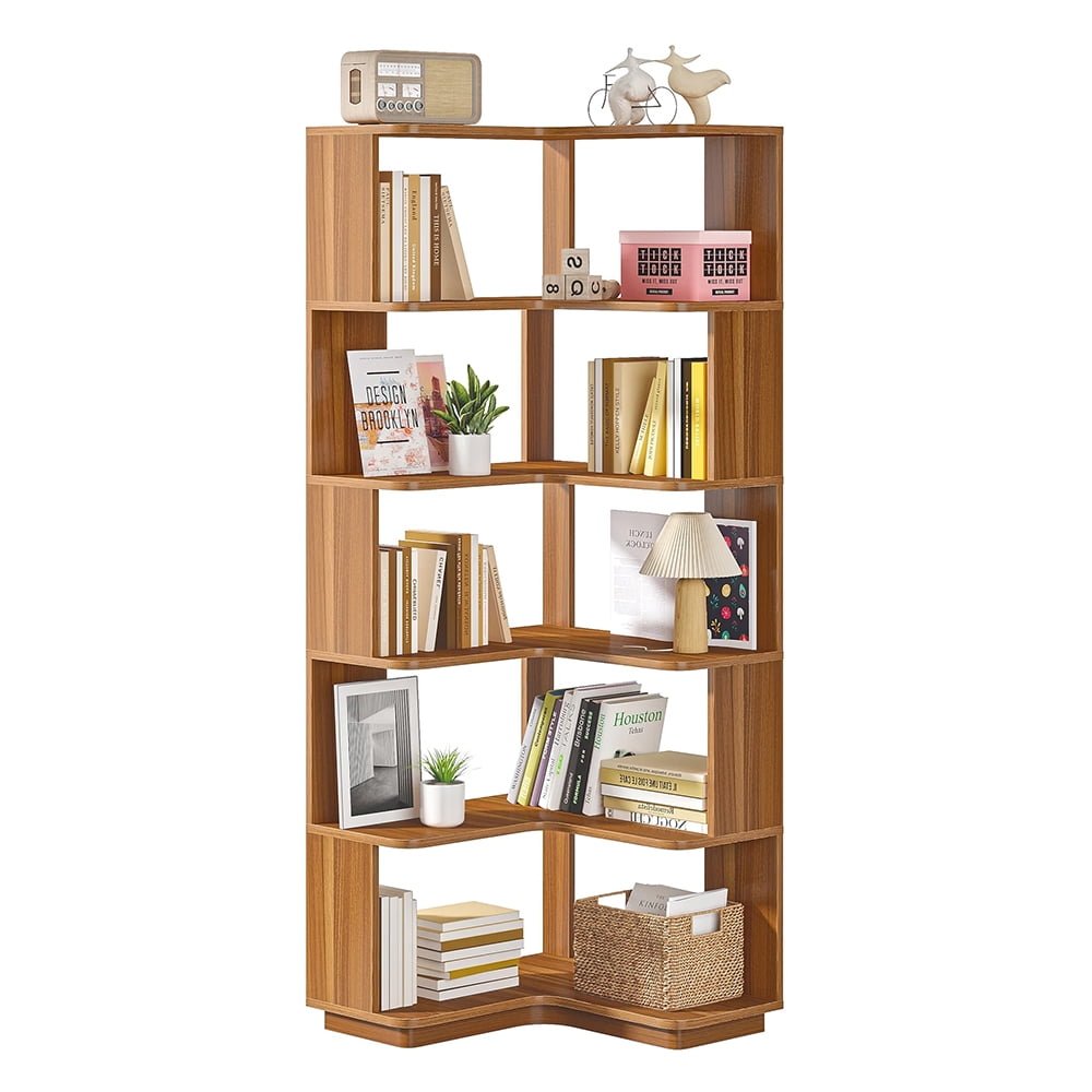 64.96" Brown Wood Grain 6-Tier Corner Bookshelf