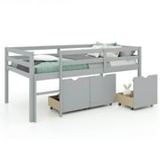 Barara King Bunk Bed, Bed Frames, Platform Bed Frame, Twin Size Low Loft Bed with 3 Drawers with Ladder -length Guardrails-Gray