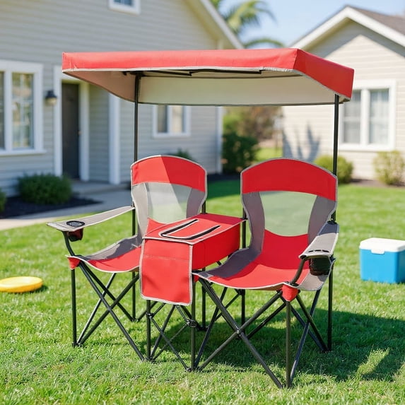 Barara King Camping Chair, Folding Beach Chair, Portable Folding Camping Canopy Chairs with Cup Holder-Red