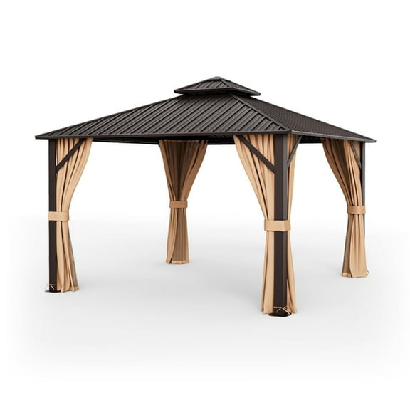 Barara King Canopy Tent, Outdoor Canopy Sun Shade Shelter, 12 x 12 Feet Double-Roof Patio Hardtop Canopy with Galvanized Steel Roof Netting and Curtains-Coffee