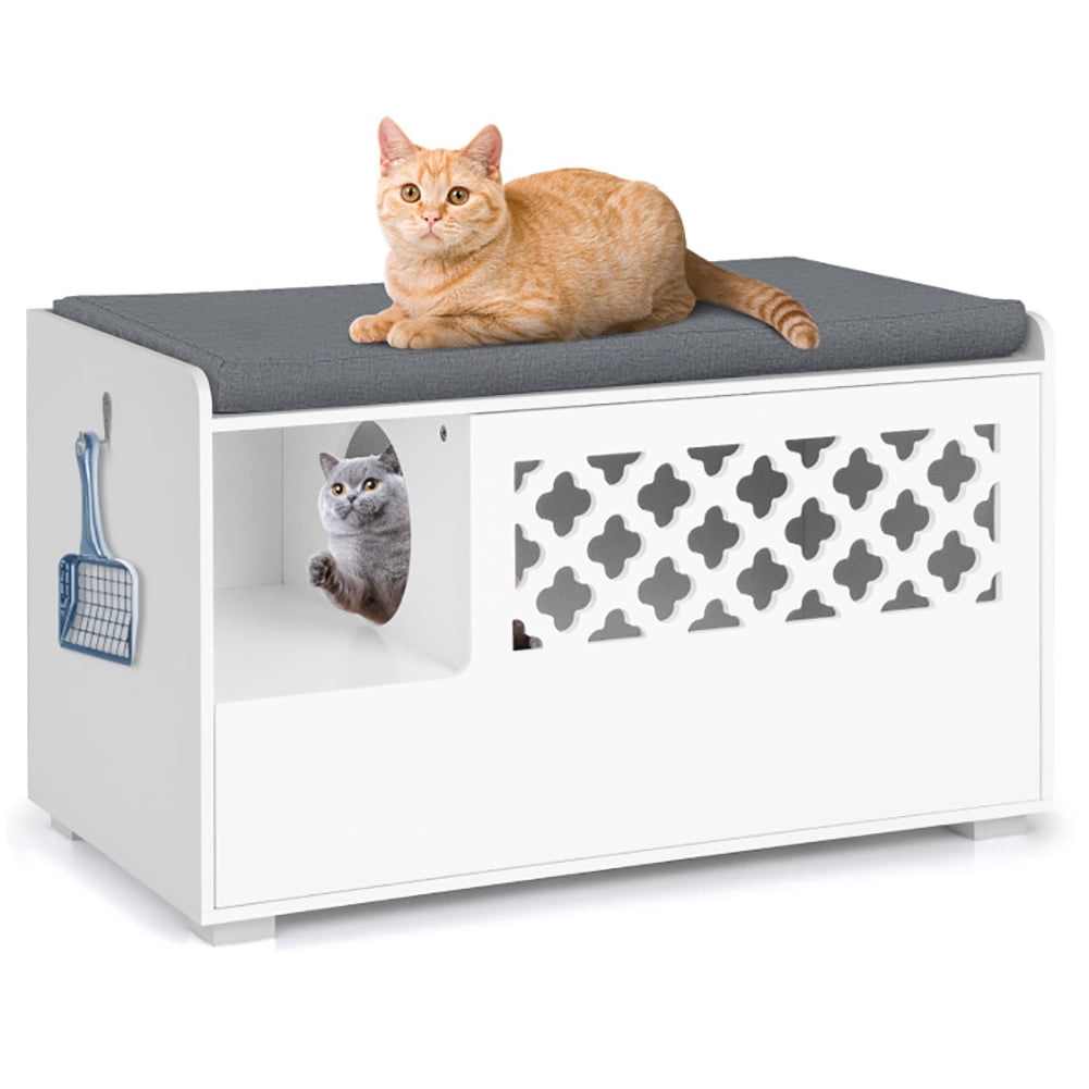 White MDF Cat Litter Box Enclosure with Removable Cushion